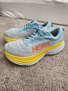 Hoka One One Bondi 8 Womens Size 9.5B Blue Yellow Running Shoes Sneakers READ